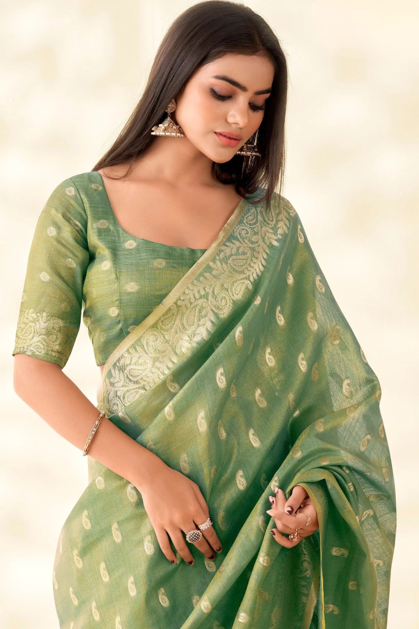 Fern Green Woven Tissue Linen Saree With Blouse