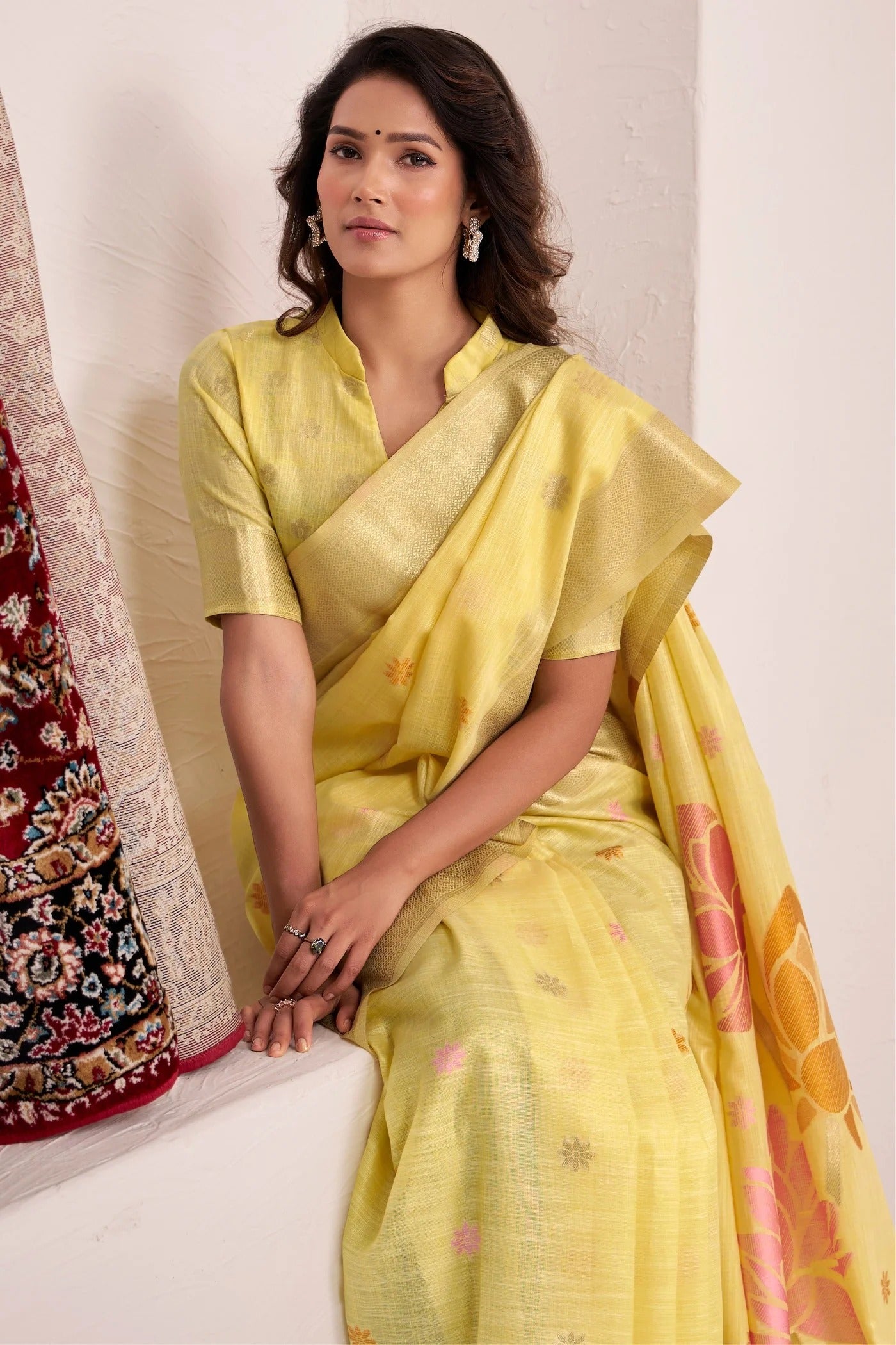 Bronze Yellow Woven Linen Soft Silk Saree