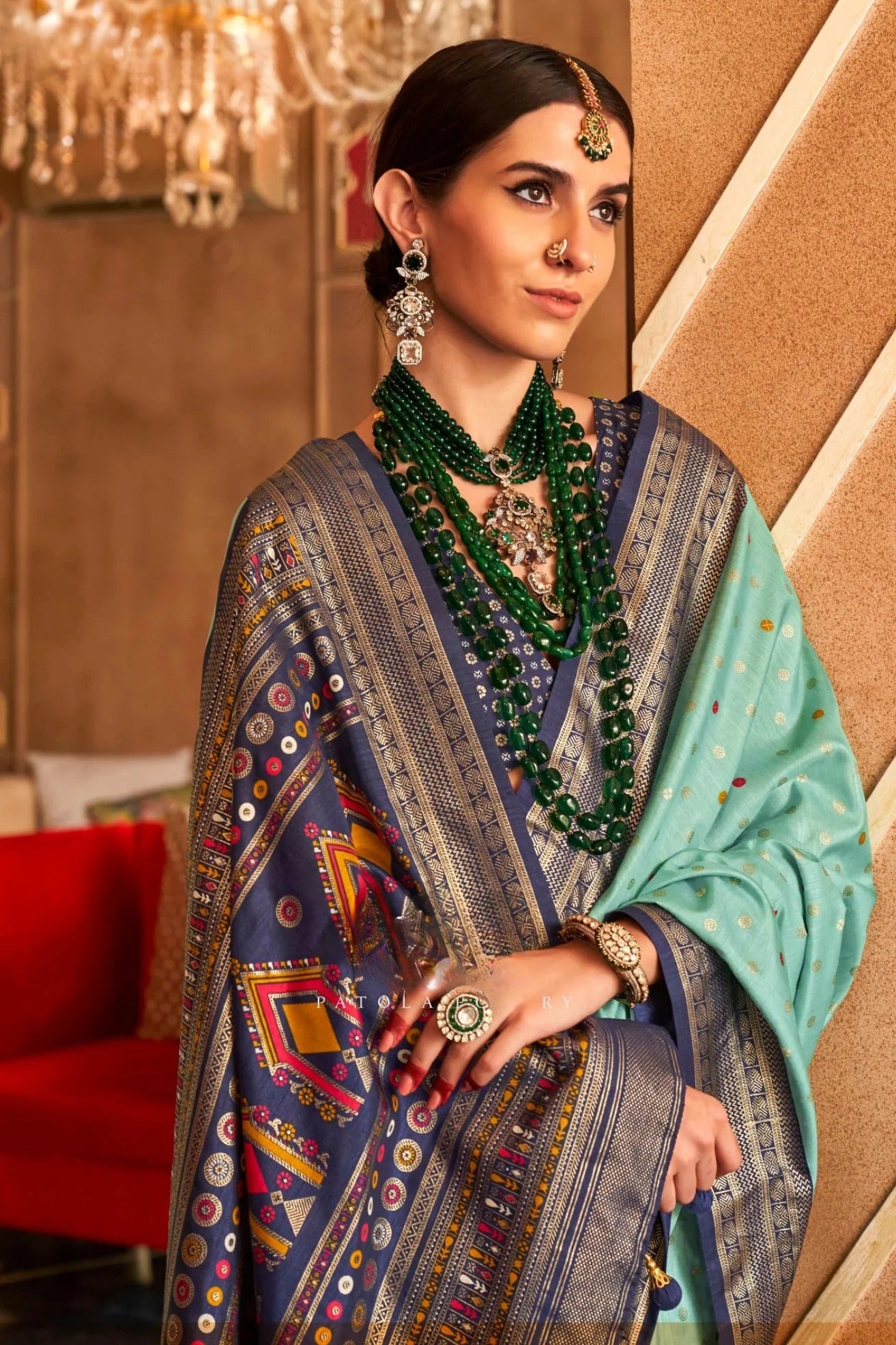 Teal Blue Printed Soft Patola Silk Saree