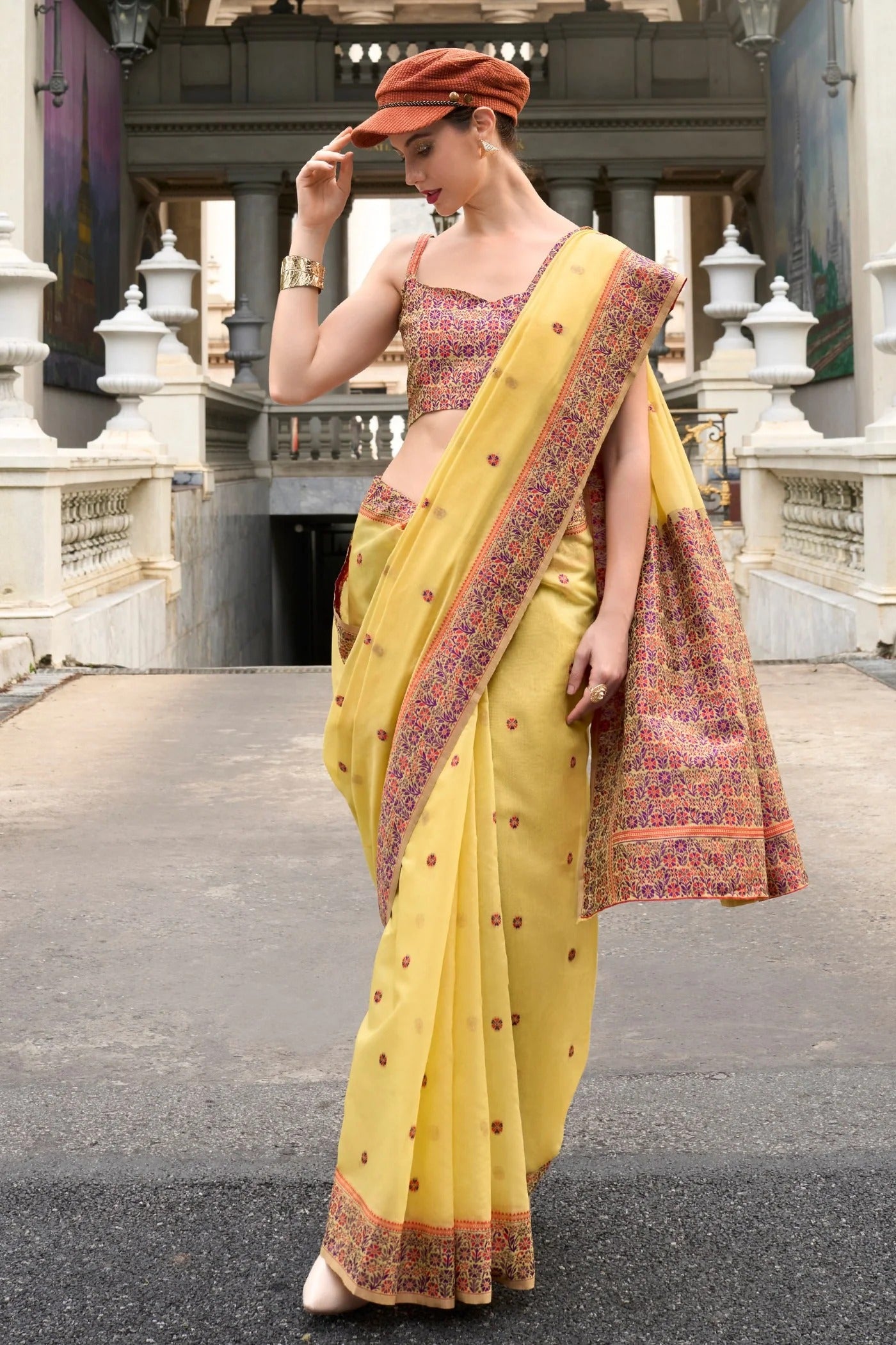 Lemon Yellow Handloom Linen Cotton Saree Designer Blouse