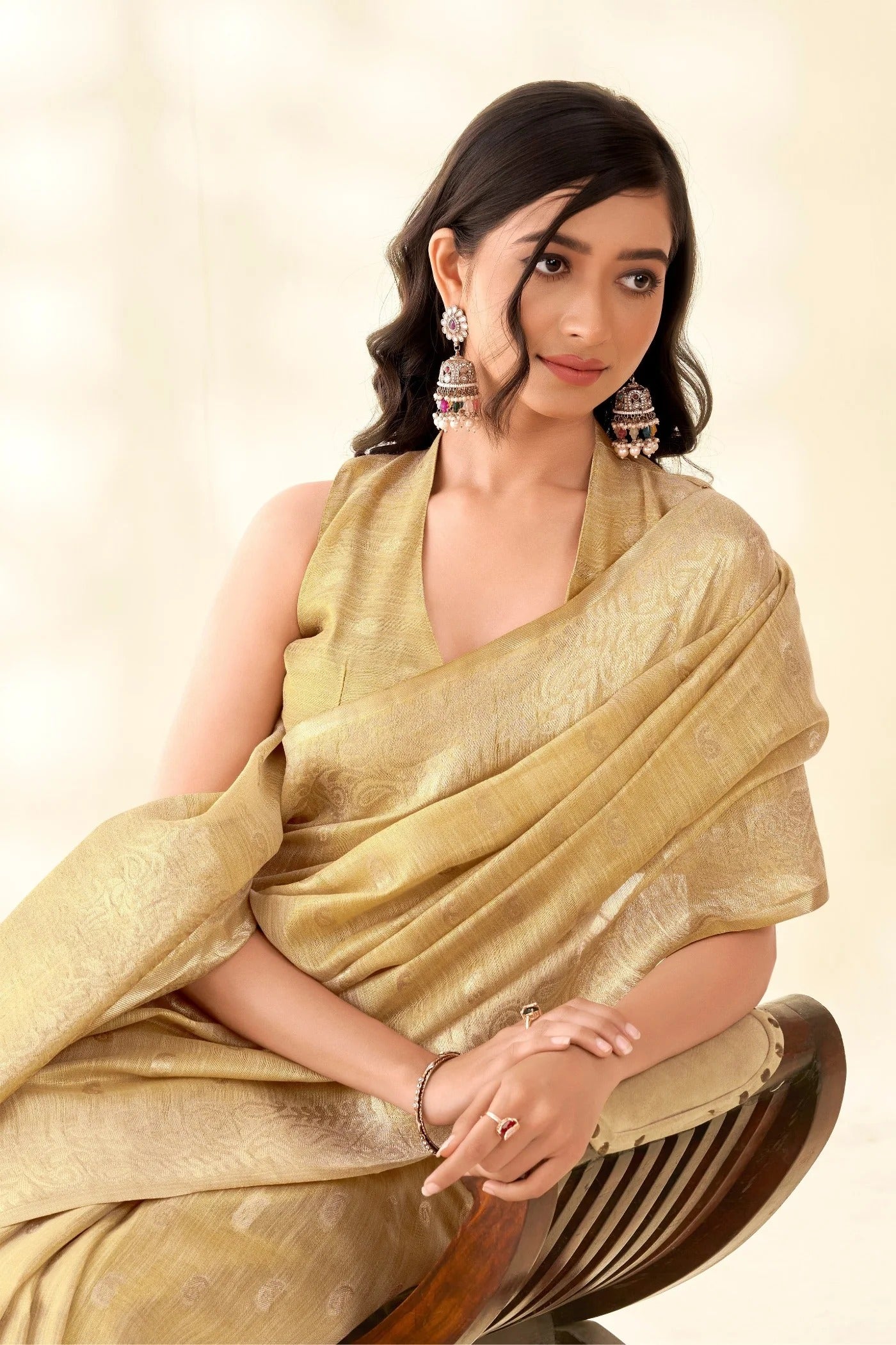 Oyster Cream Woven Tissue Linen Saree With Blouse