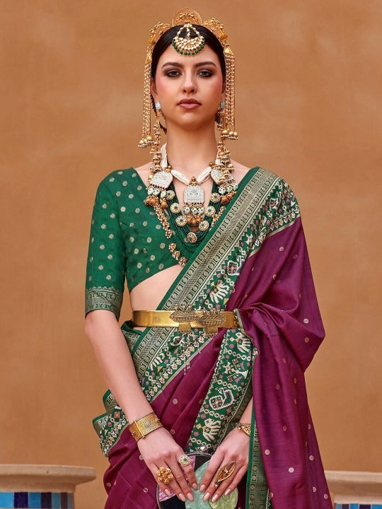 Wine Printed Patola Handloom Soft Silk Saree