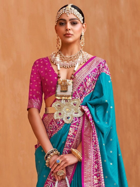 Dodger Blue Printed Patola Handloom Soft Silk Saree