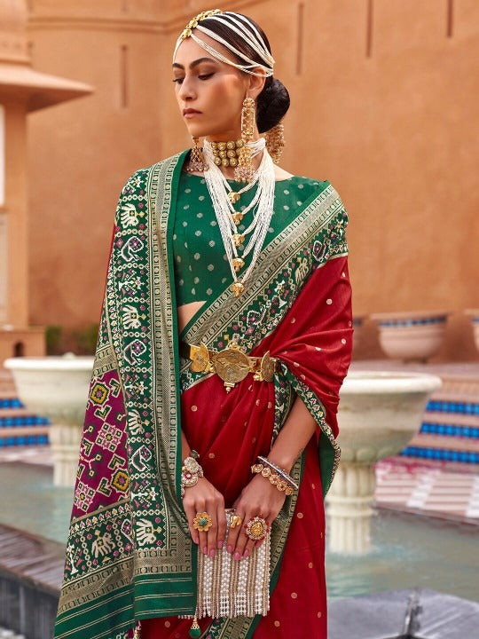 Cherry Red  Printed Patola Handloom Soft Silk Saree