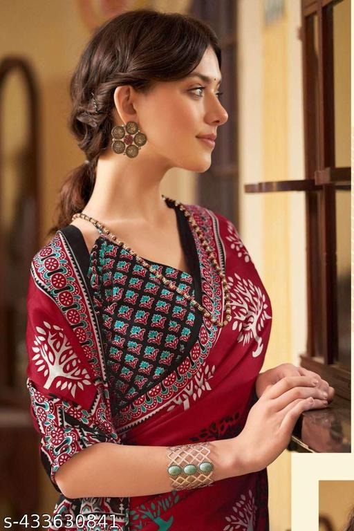 Red New Ajrakh Printed Satin Crepe Saree