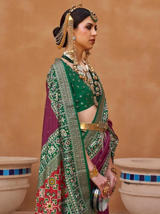 Wine Printed Patola Handloom Soft Silk Saree