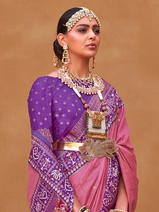 Cinnamon Pink Printed Patola Handloom Soft Silk Saree