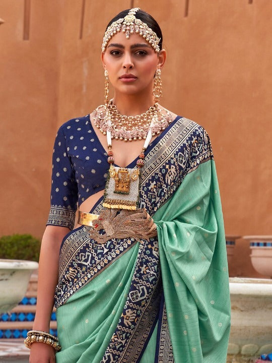 Fern Green Printed Patola Handloom Soft Silk Saree