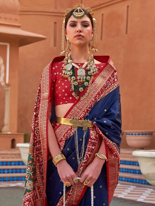 Navy Blue Printed Patola Handloom Soft Silk Saree