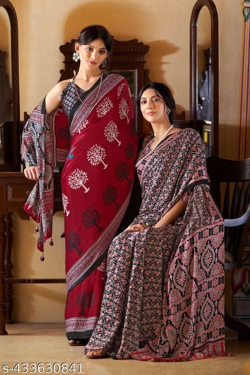 Red New Ajrakh Printed Satin Crepe Saree