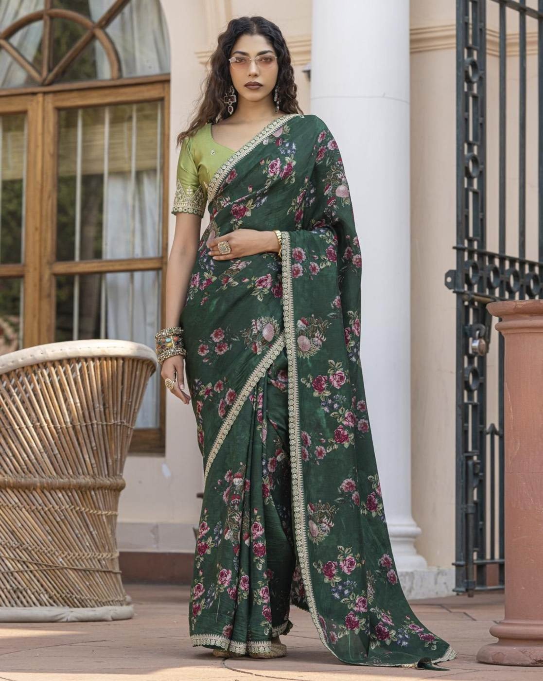 Dark Green Pure Viscose Dola Silk Saree with Floral Print