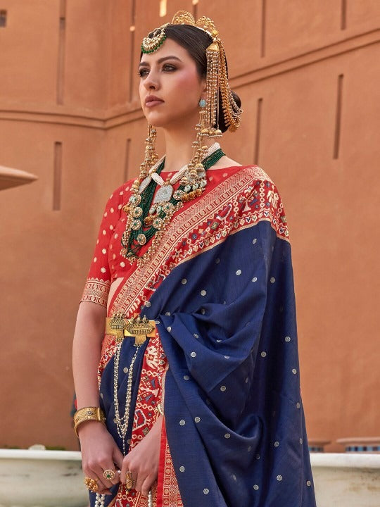 Navy Blue Printed Patola Handloom Soft Silk Saree