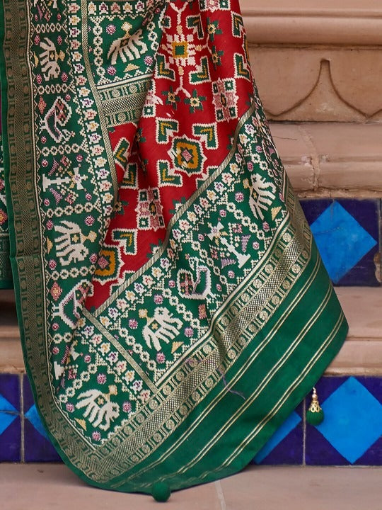 Wine Printed Patola Handloom Soft Silk Saree