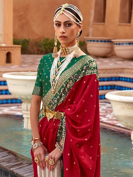 Cherry Red  Printed Patola Handloom Soft Silk Saree