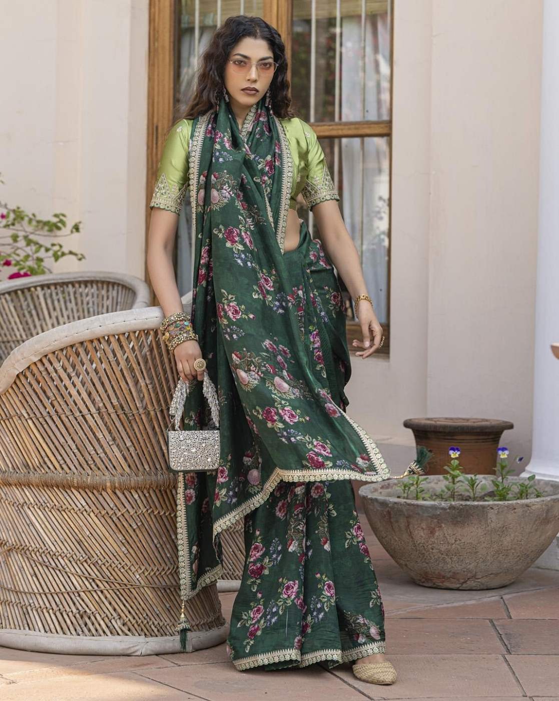 Dark Green Pure Viscose Dola Silk Saree with Floral Print