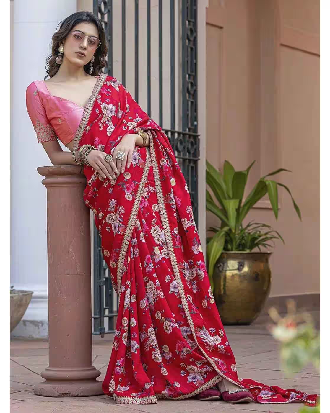 Cherry Red Pure Viscose Dola Silk Saree with Floral Print