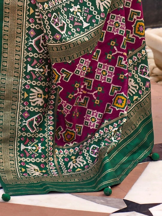 Cherry Red  Printed Patola Handloom Soft Silk Saree