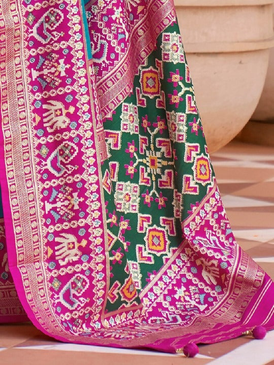 Dodger Blue Printed Patola Handloom Soft Silk Saree