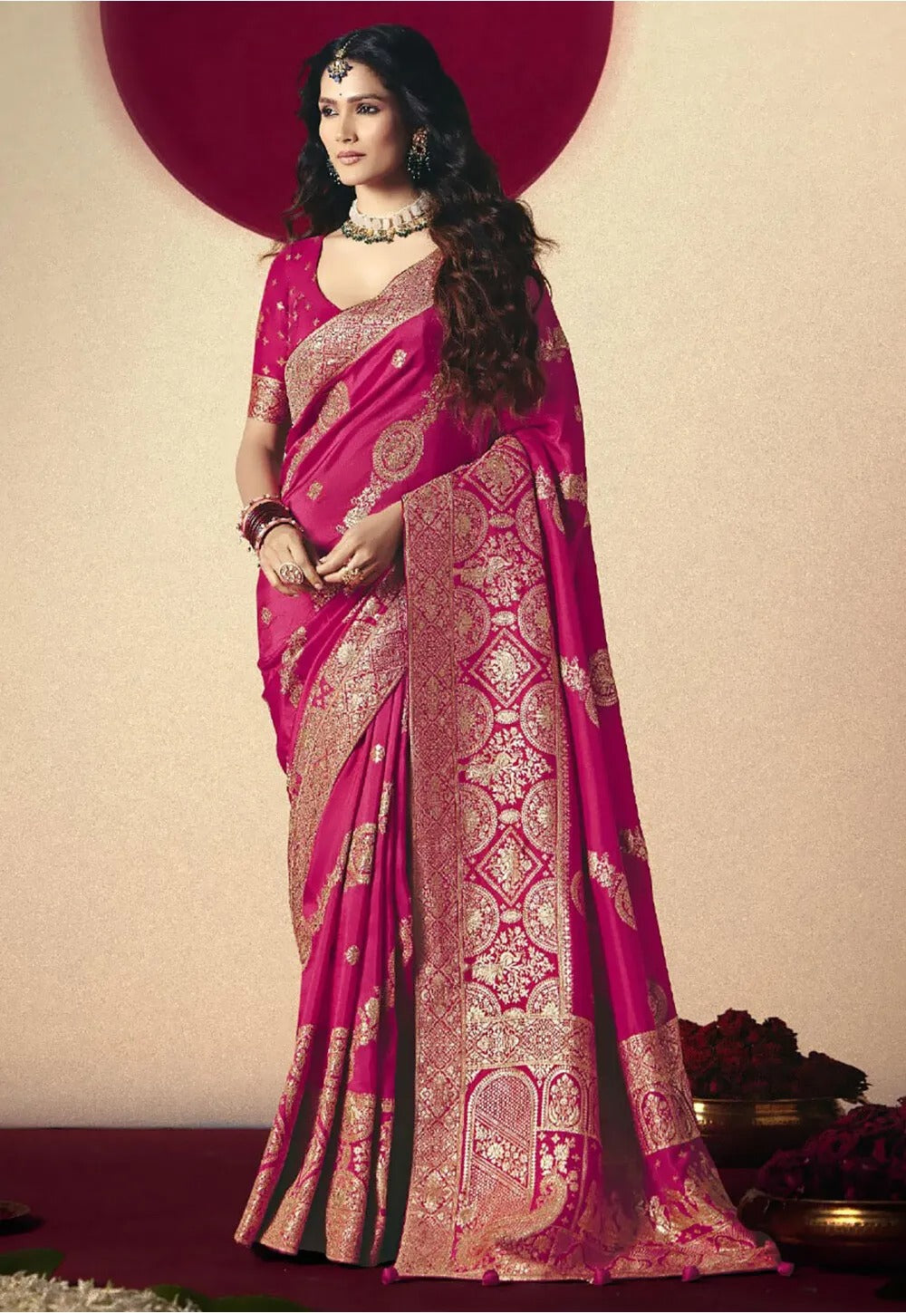 Daek Fuchsia Viscous Dola Silk Zari Weaving With Tassels