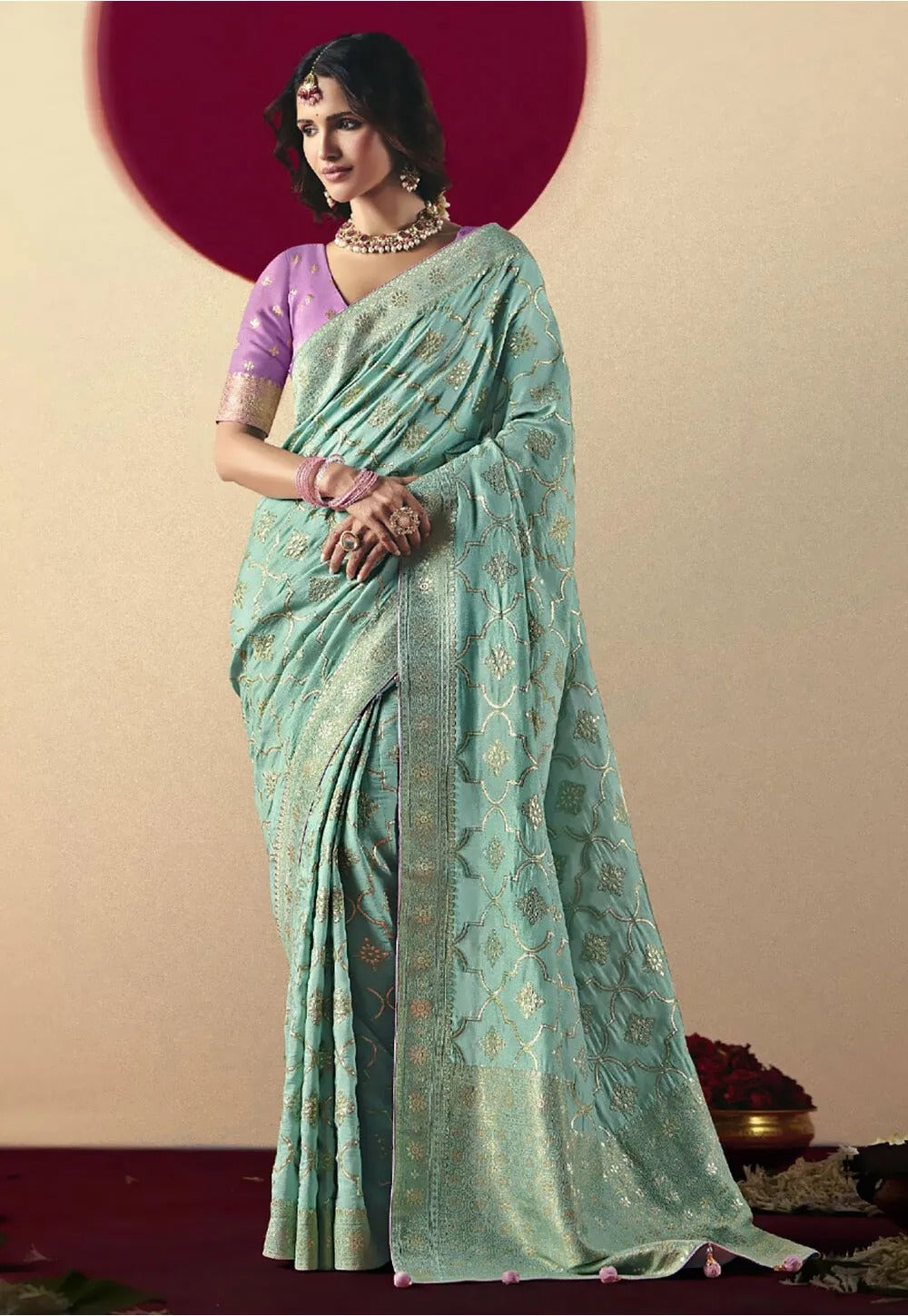 Pale Leaf Viscous Dola Silk Zari Weaving With Tassels