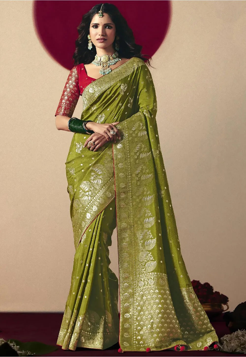 Greenish Brown Viscous Dola Silk Zari Weaving With Tassels