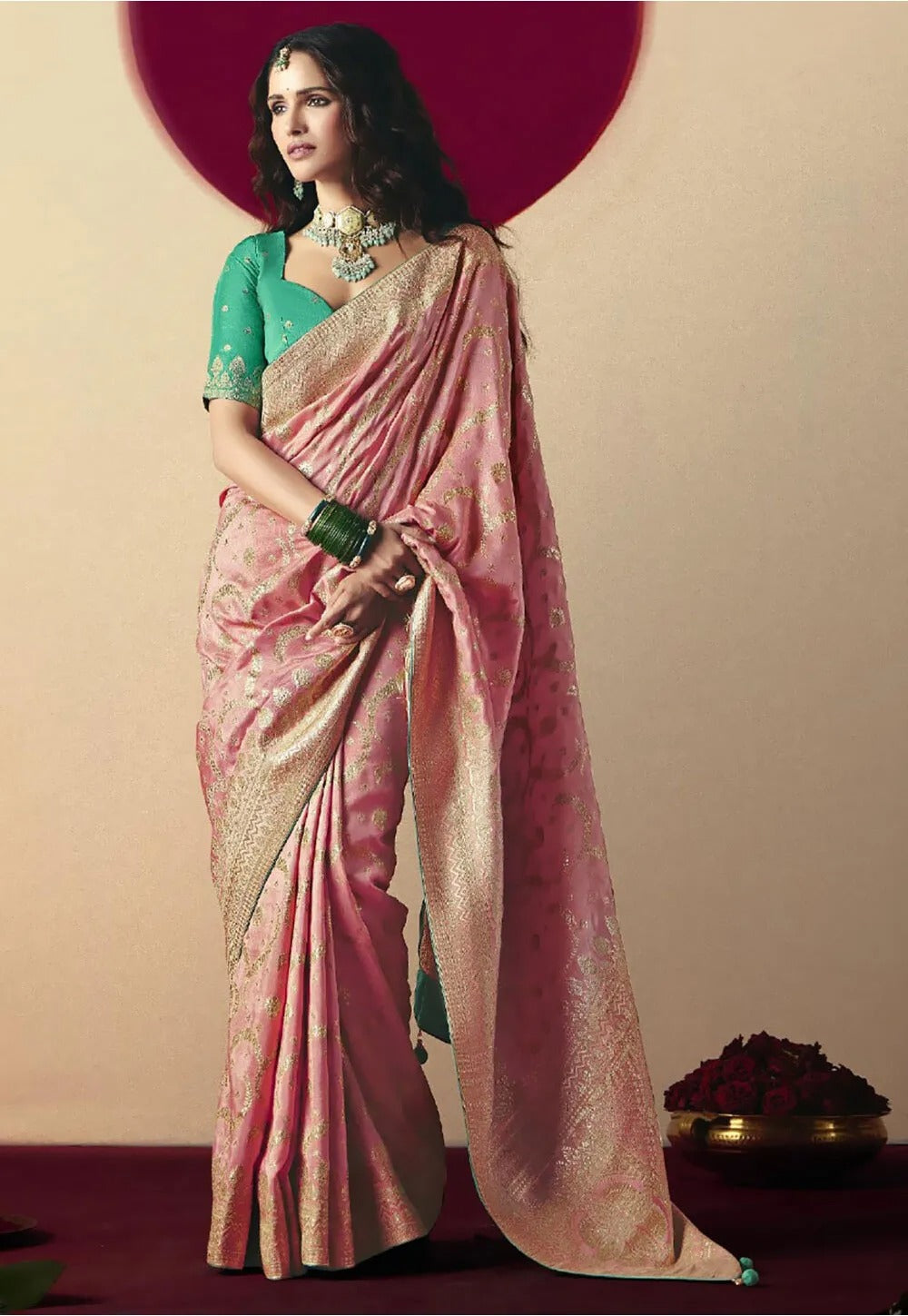 Brandy Rose Viscous Dola Silk Zari Weaving With Tassels