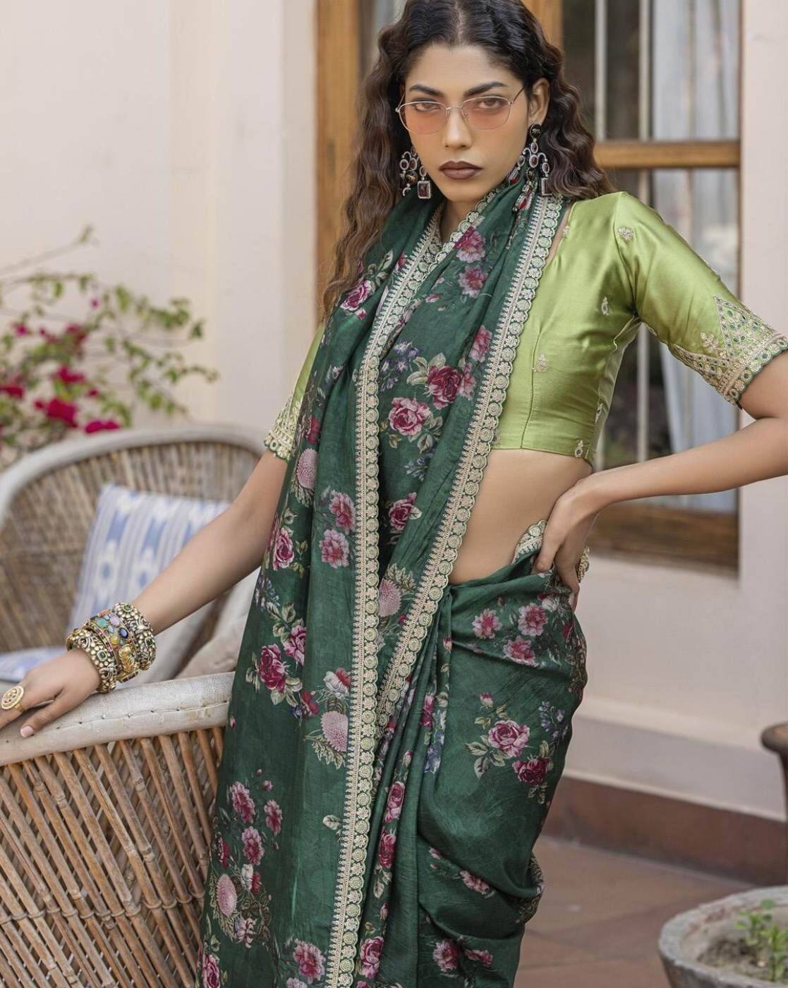 Dark Green Pure Viscose Dola Silk Saree with Floral Print