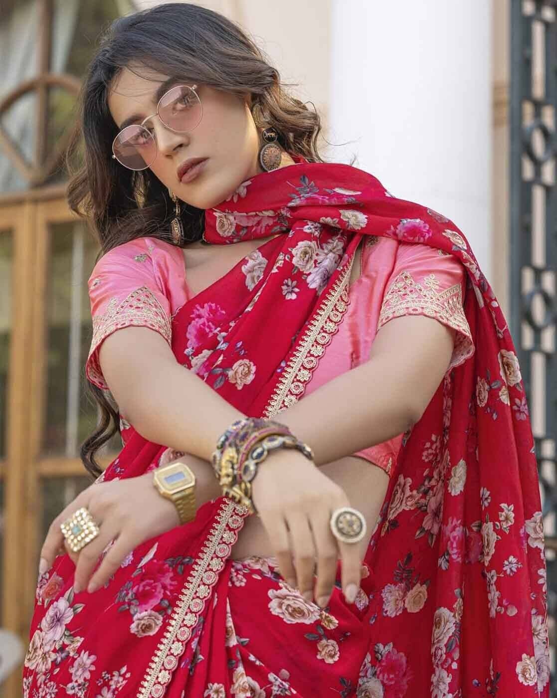 Cherry Red Pure Viscose Dola Silk Saree with Floral Print