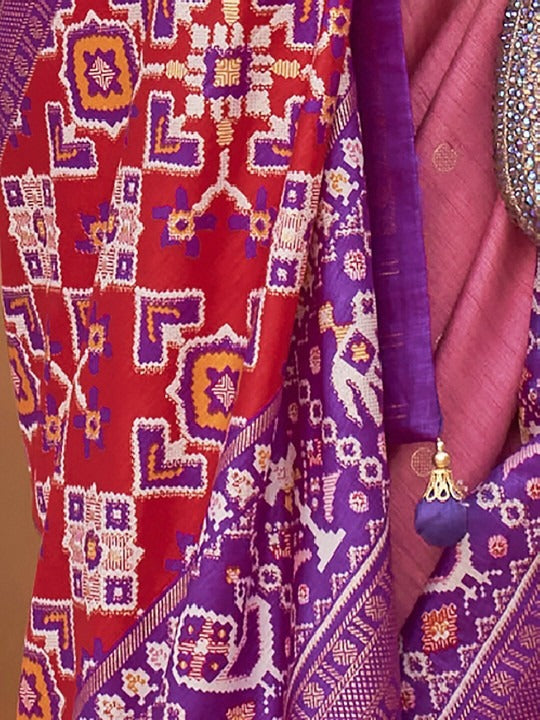 Cinnamon Pink Printed Patola Handloom Soft Silk Saree