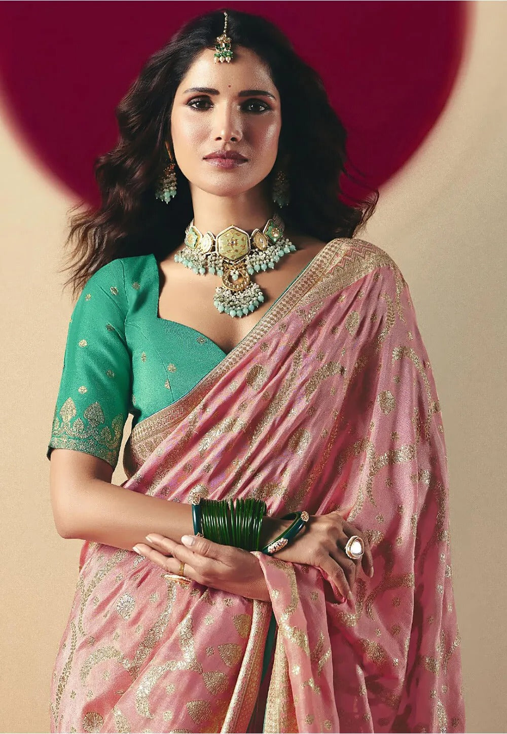 Brandy Rose Viscous Dola Silk Zari Weaving With Tassels