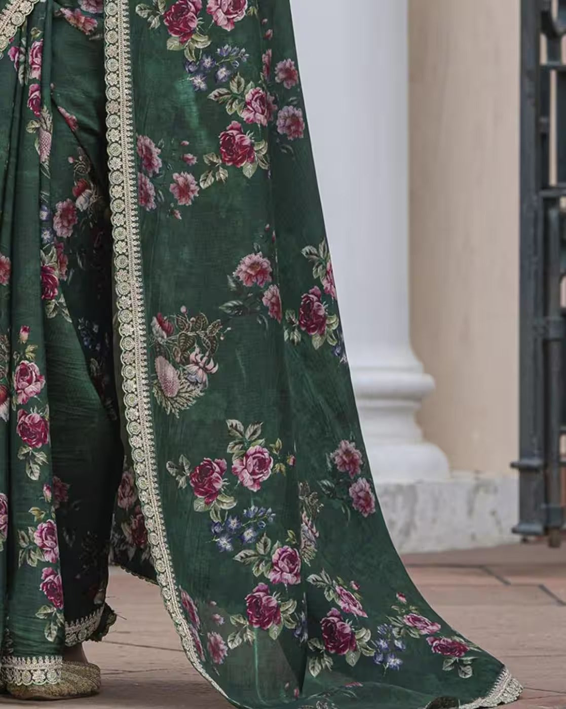 Dark Green Pure Viscose Dola Silk Saree with Floral Print