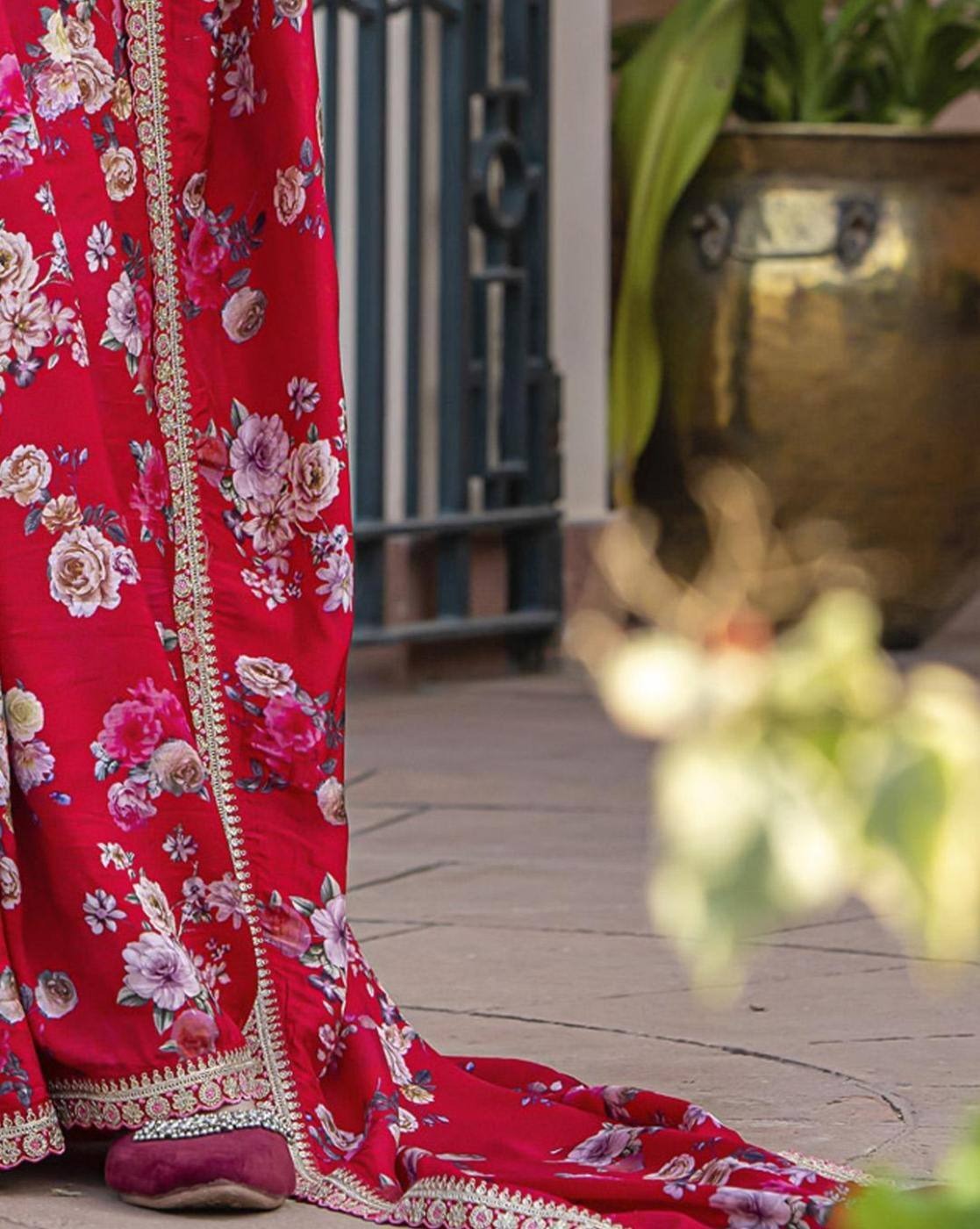 Cherry Red Pure Viscose Dola Silk Saree with Floral Print