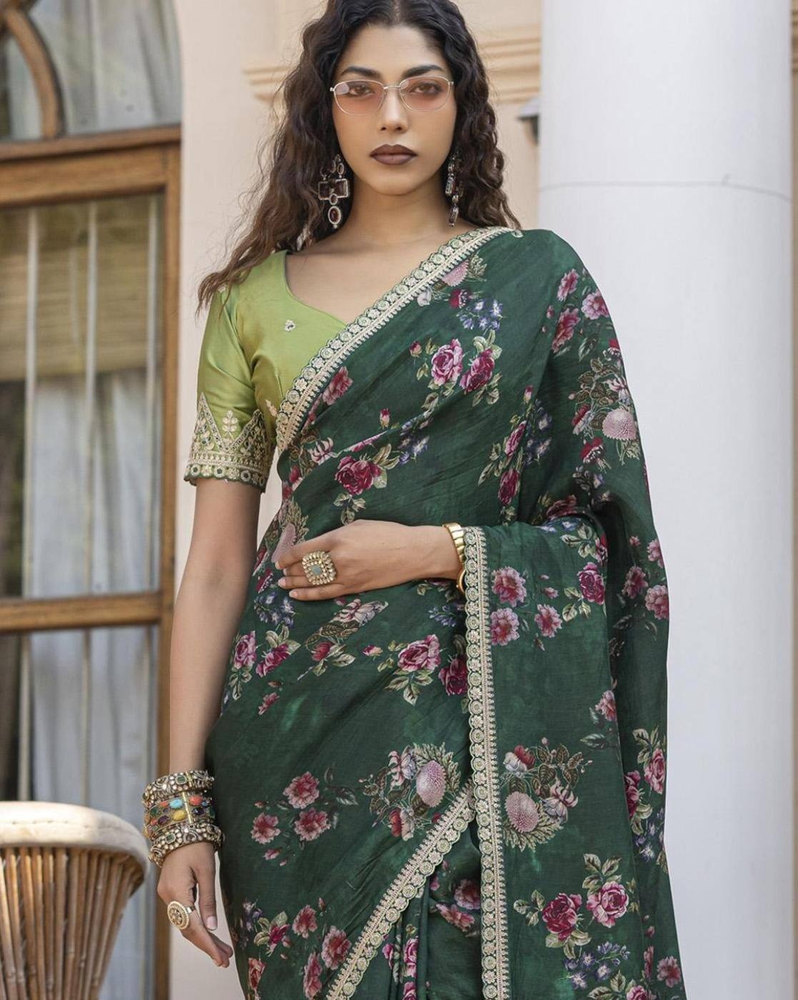 Dark Green Pure Viscose Dola Silk Saree with Floral Print