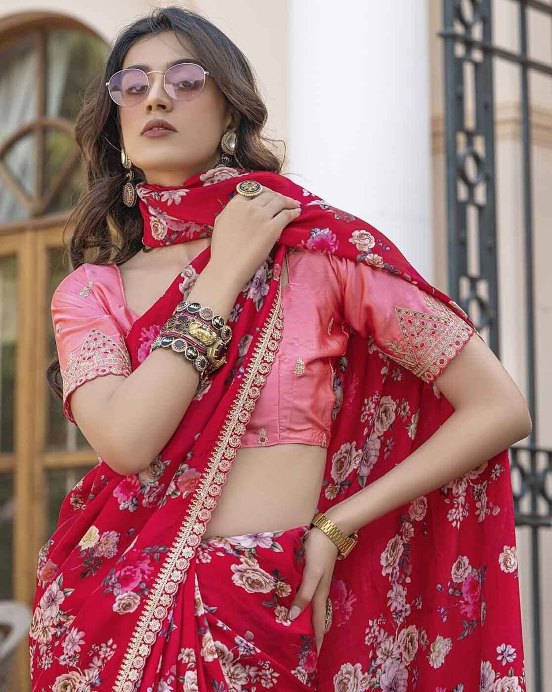 Cherry Red Pure Viscose Dola Silk Saree with Floral Print