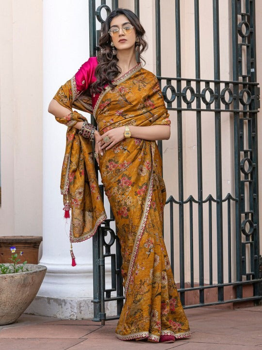 Mustud Pure Viscose Dola Silk Saree With Floral Print