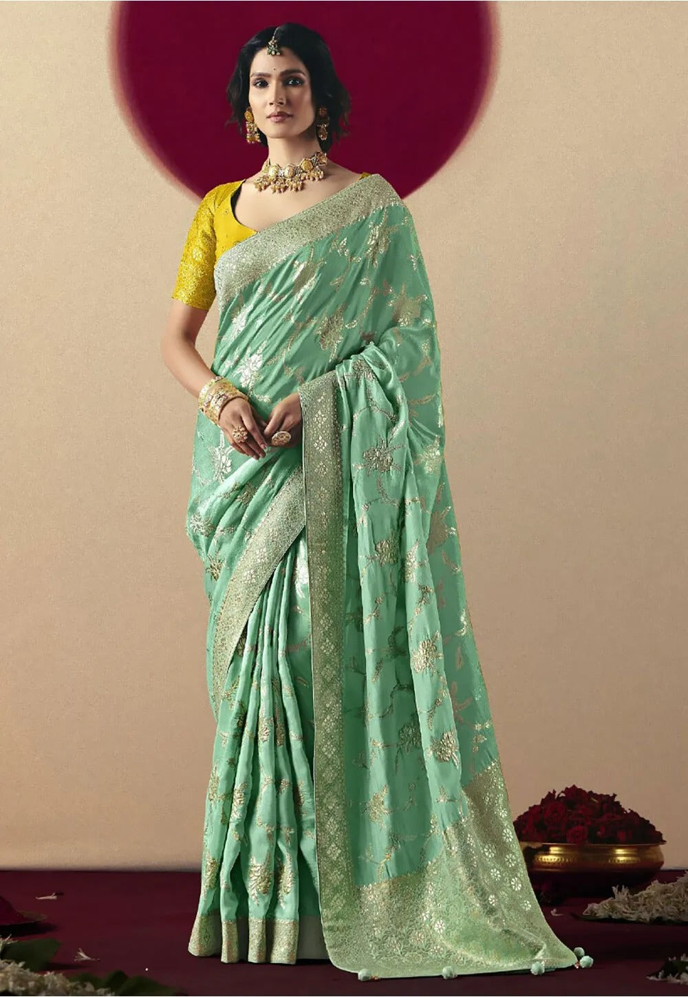 Slate Green Viscous Dola Silk Zari Weaving With Tassels