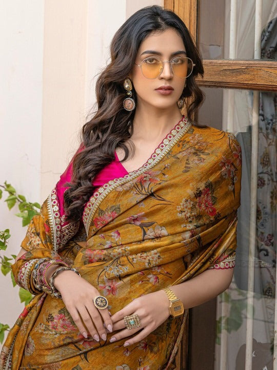 Mustud Pure Viscose Dola Silk Saree With Floral Print