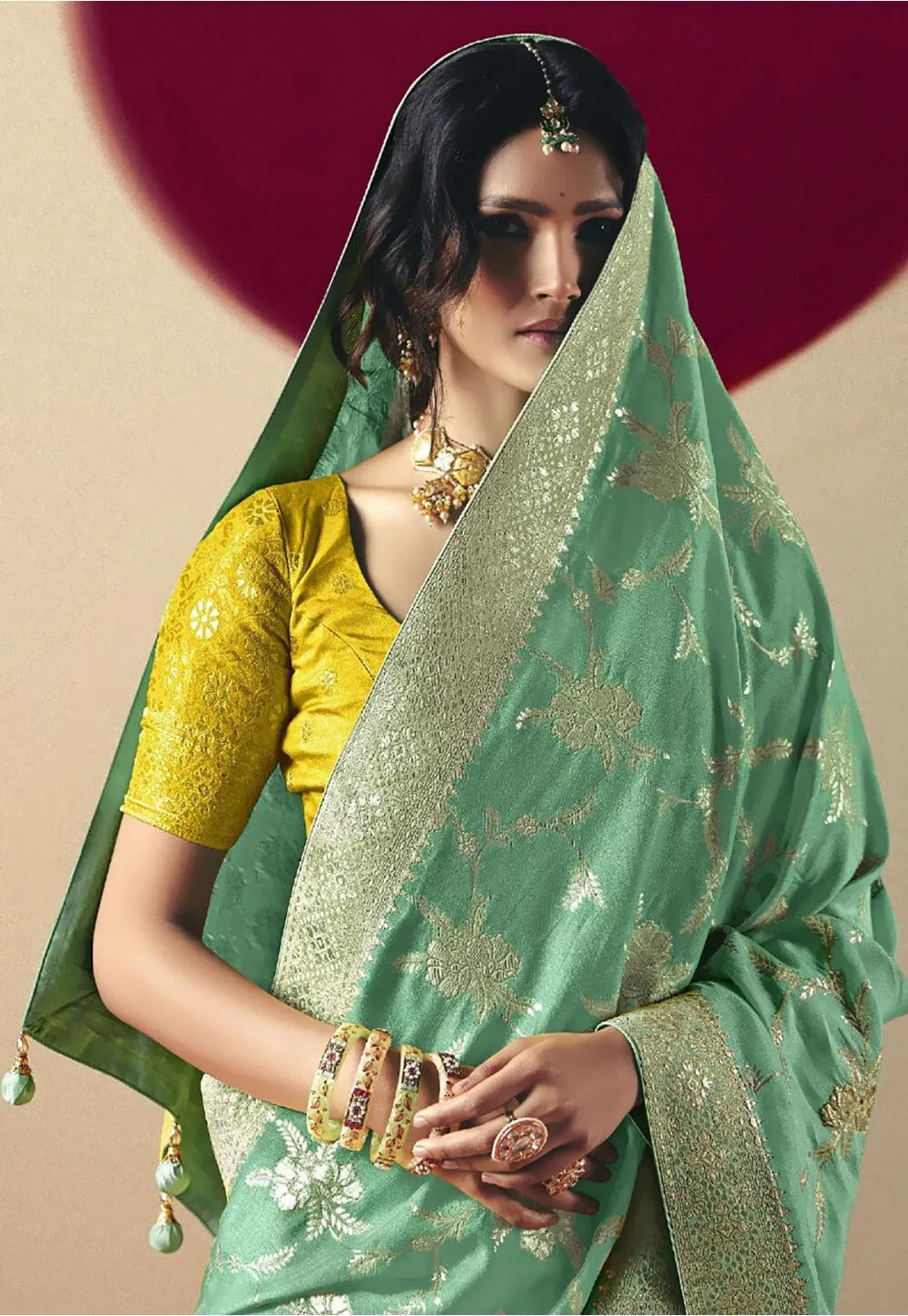Slate Green Viscous Dola Silk Zari Weaving With Tassels