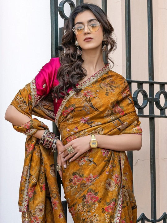 Mustud Pure Viscose Dola Silk Saree With Floral Print