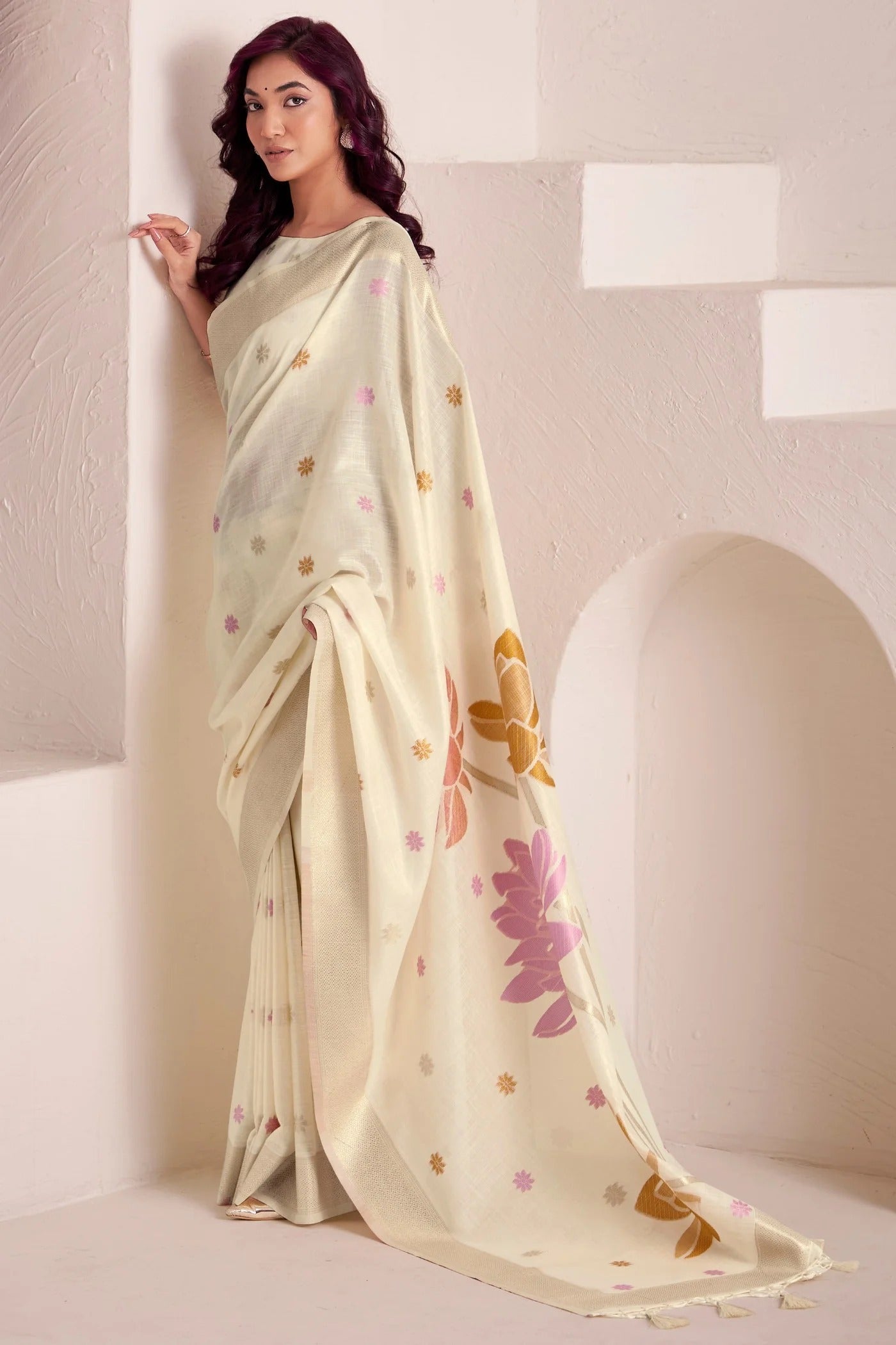 Daisy White Woven Linen Soft Silk Saree