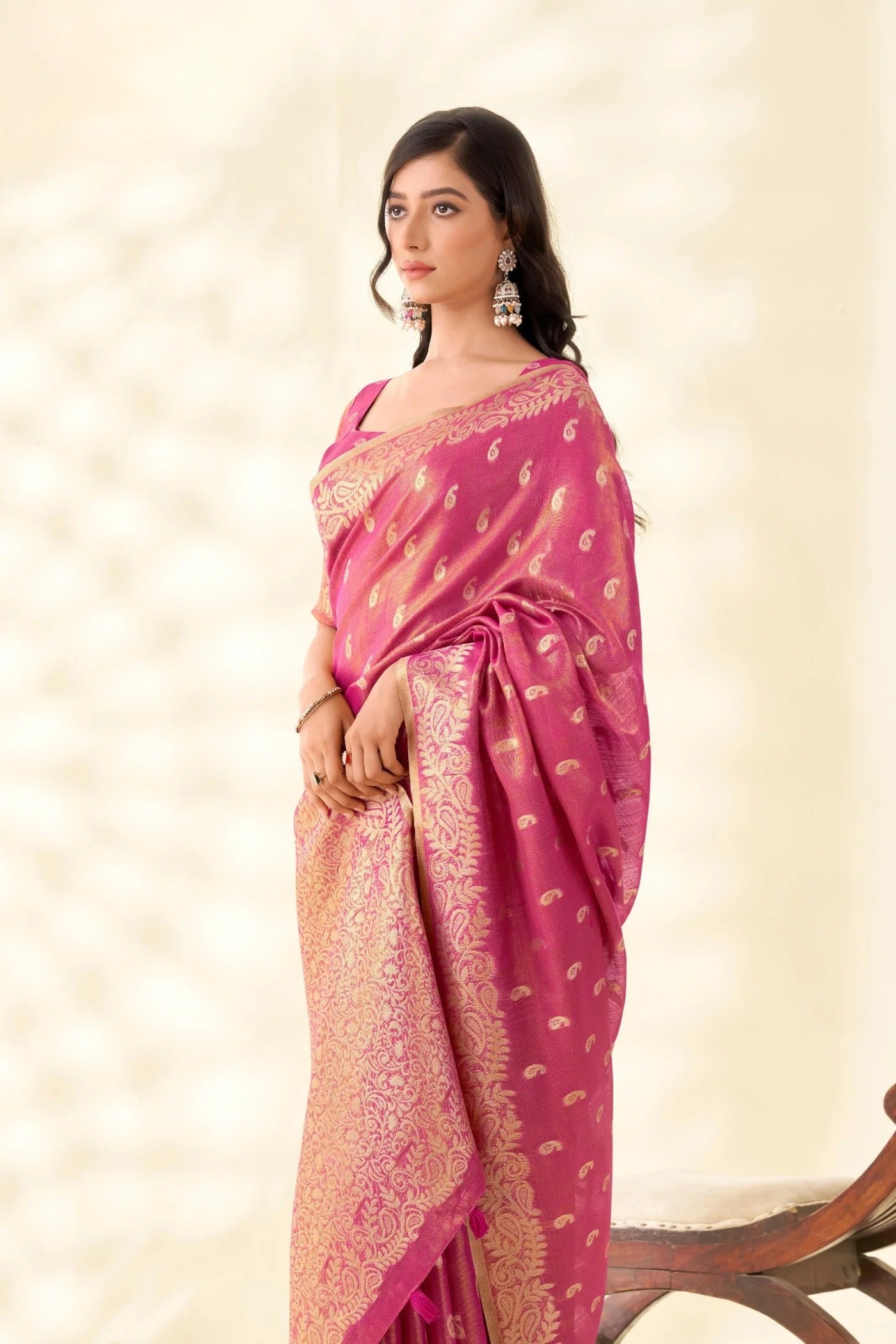 Rose Pink Woven Tissue Linen Saree With Blouse