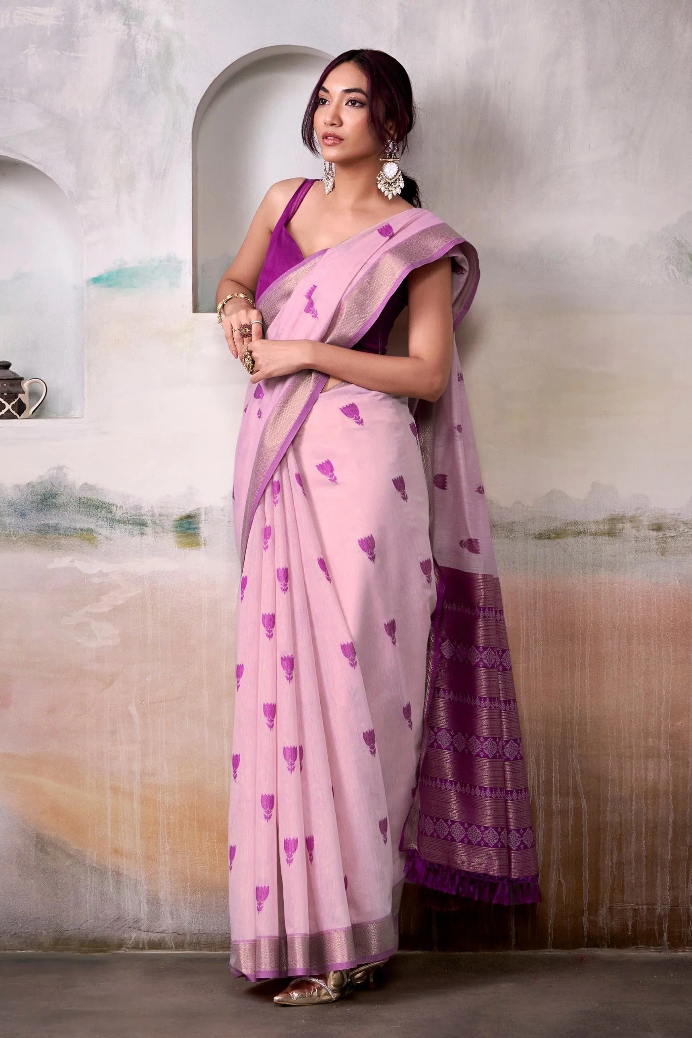 Tyrian Purple Woven Design Zari Pure Cotton Saree With Blouse