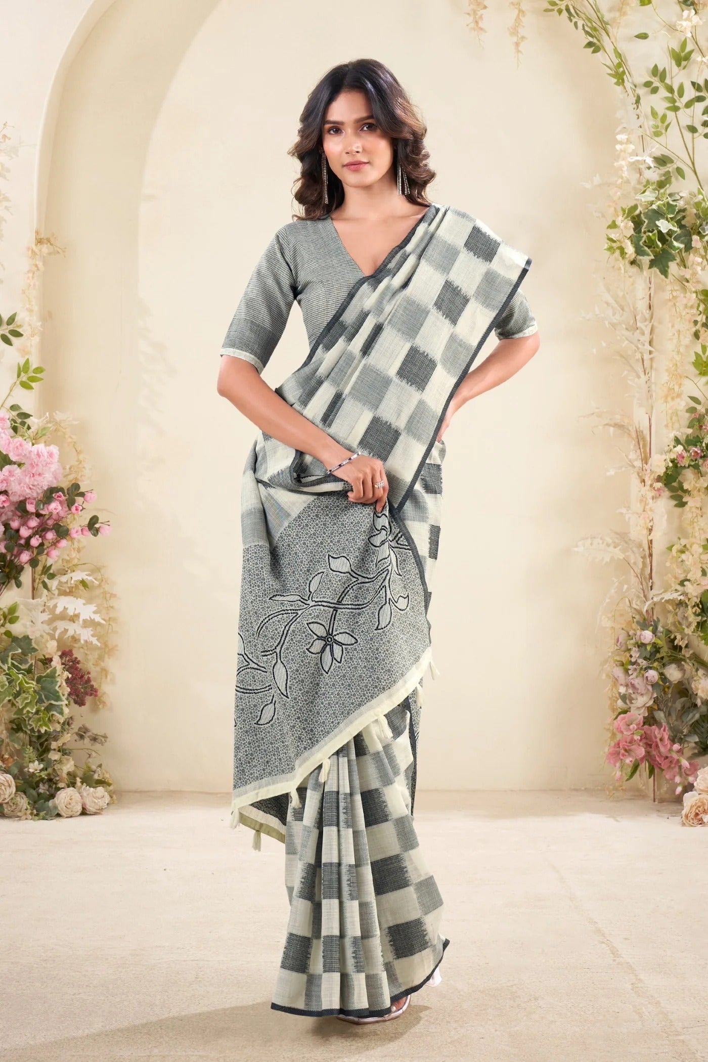 Bone White and Grey Woven Linen Soft Saree