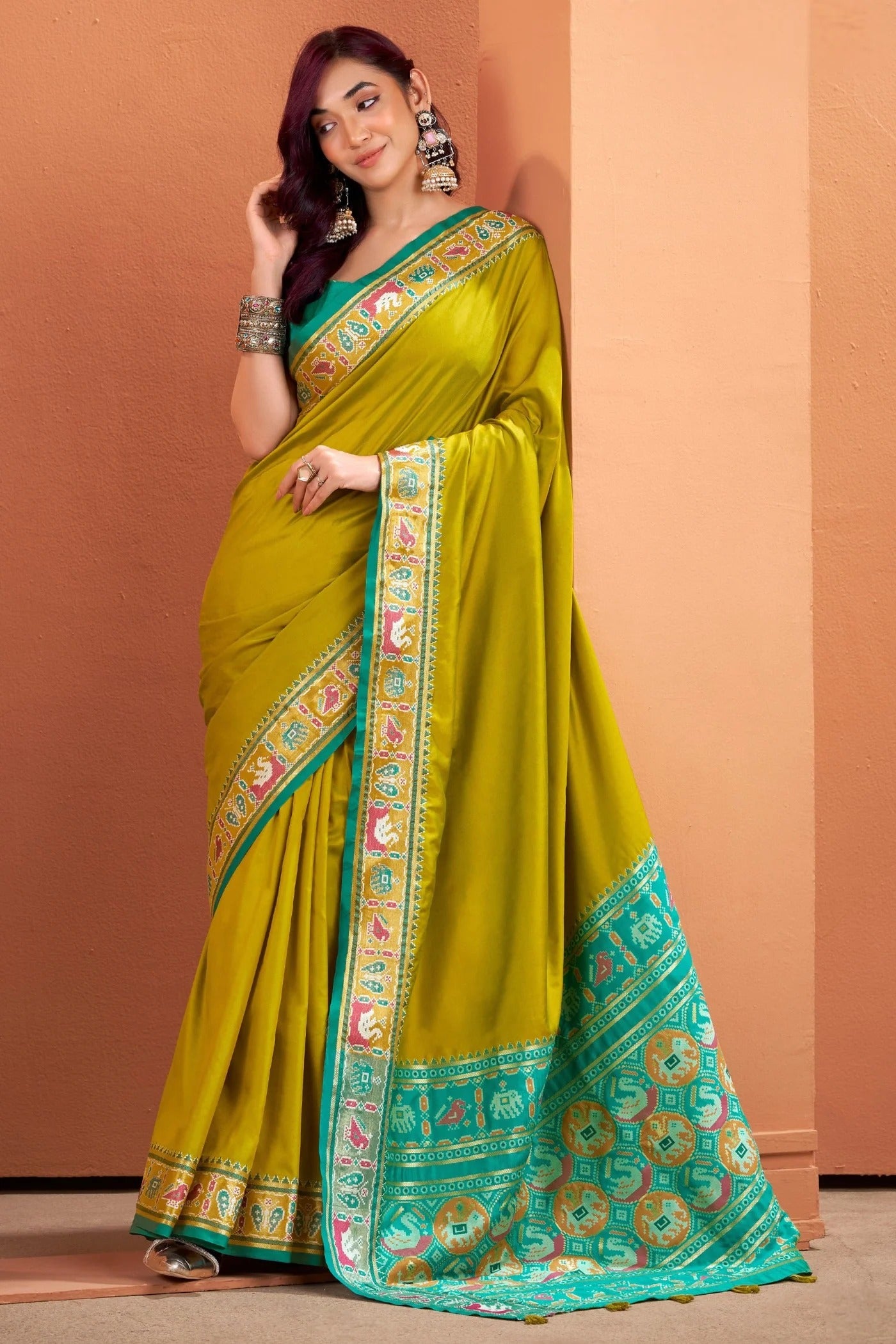 Pear Parrot Woven Banarasi Patola Soft Silk Saree