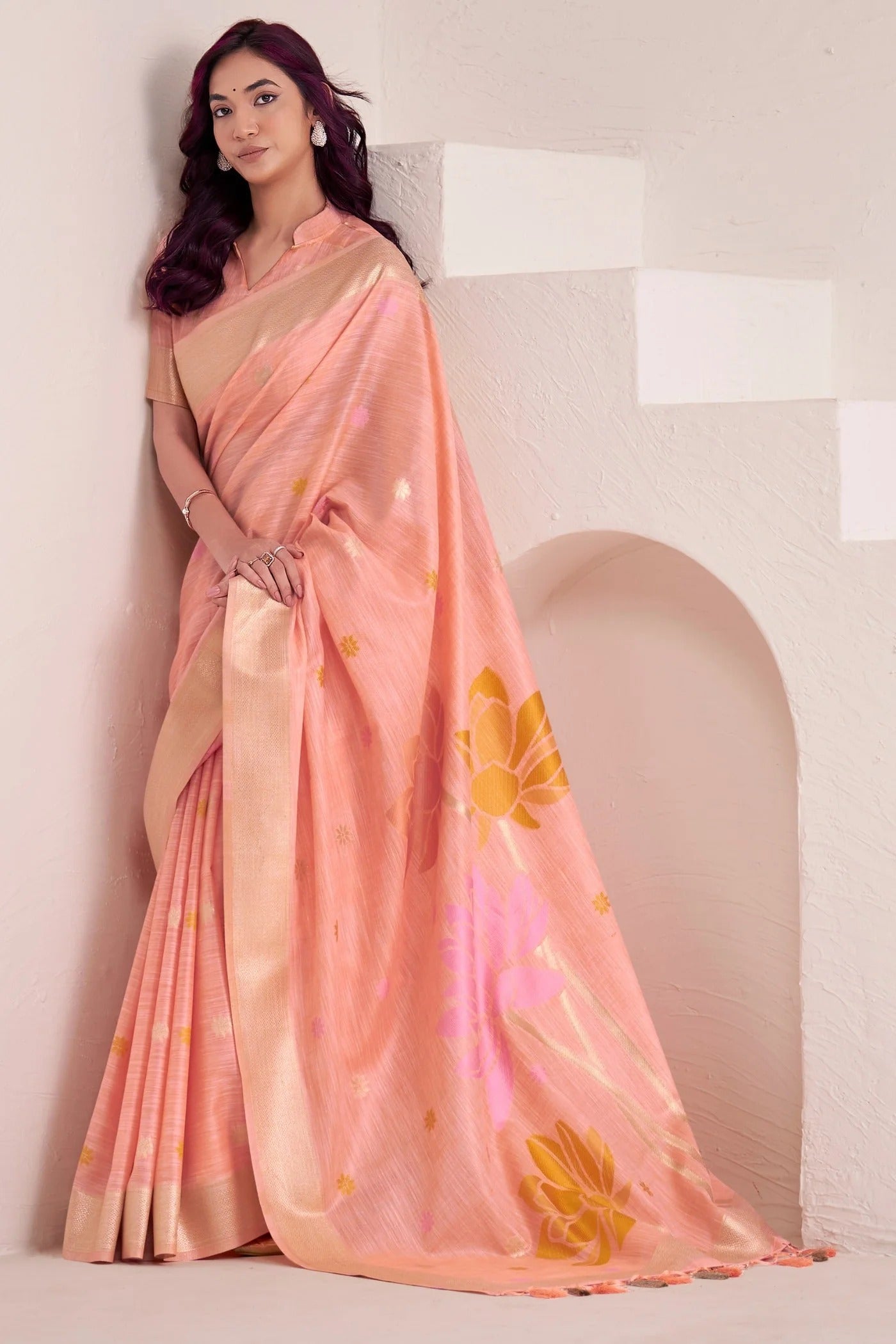 Melon Peach Woven Linen Soft Silk Saree