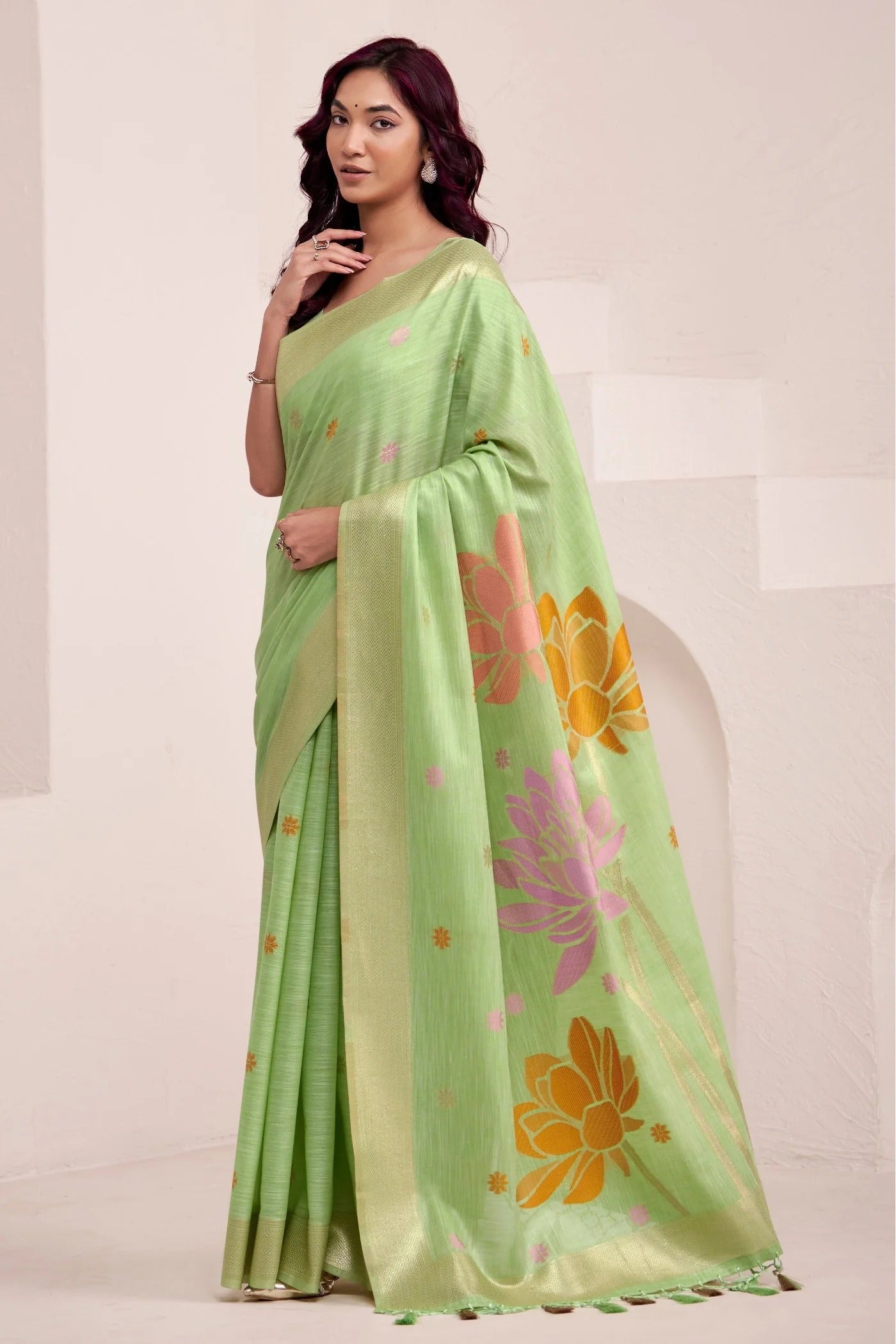 Sea Green Woven Linen Soft Silk Saree