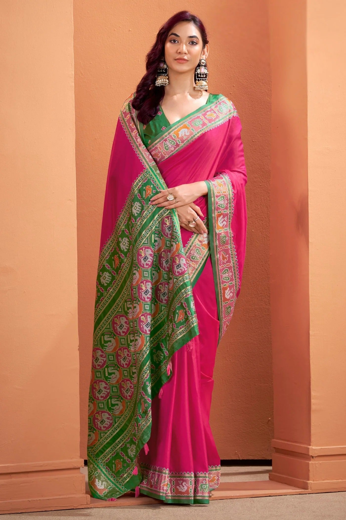 Rani Pink Woven Banarasi Patola Soft Silk Saree