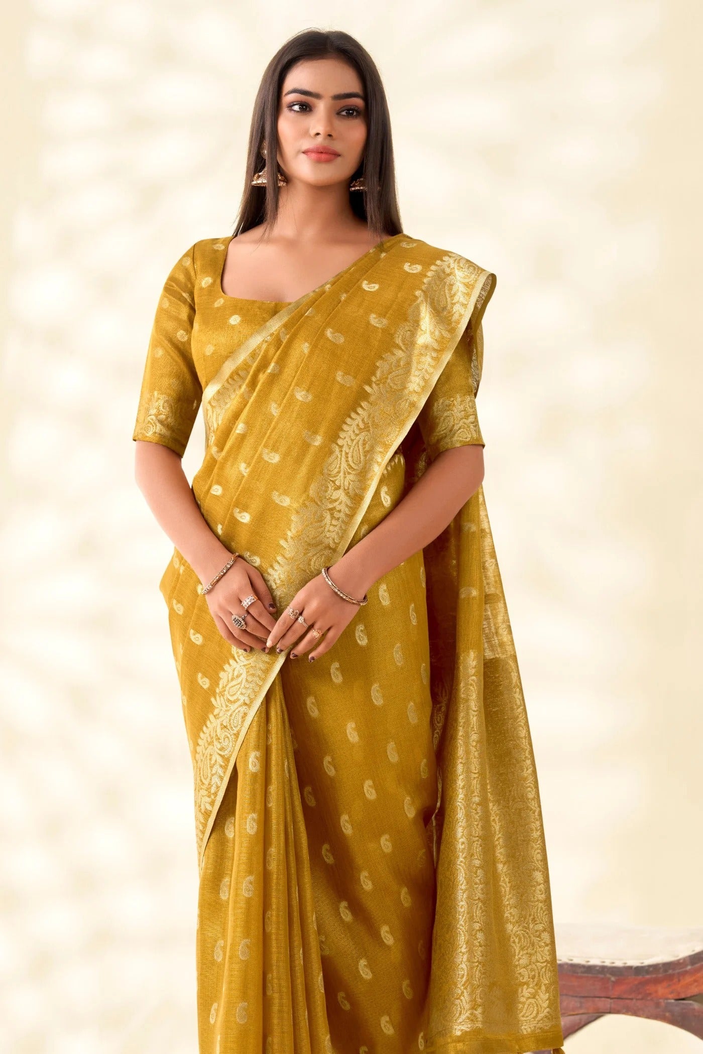 Mustard Yellow Woven Tissue Linen Saree With Blouse