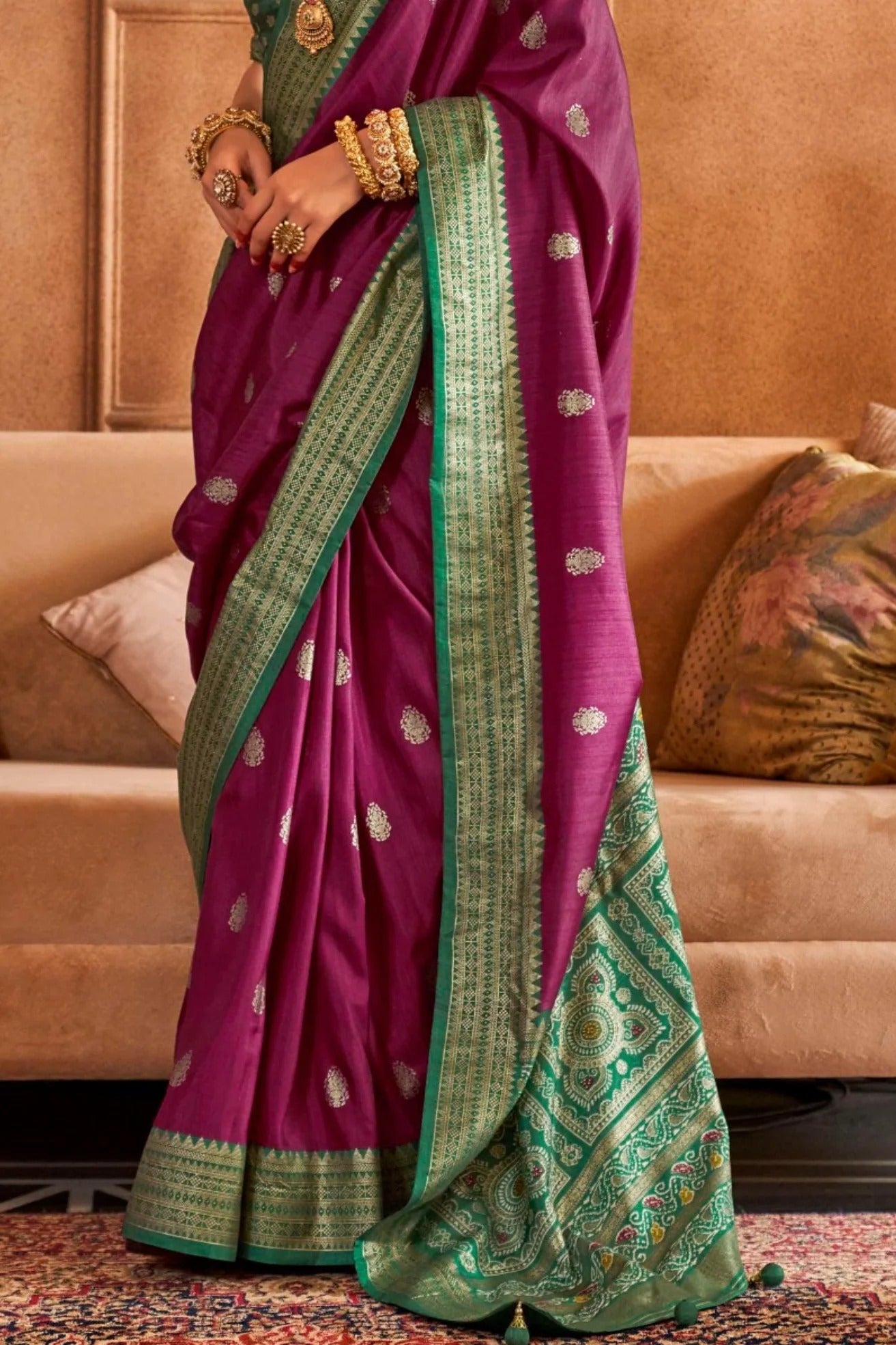 Heather Wine Printed Soft Patola Silk Saree