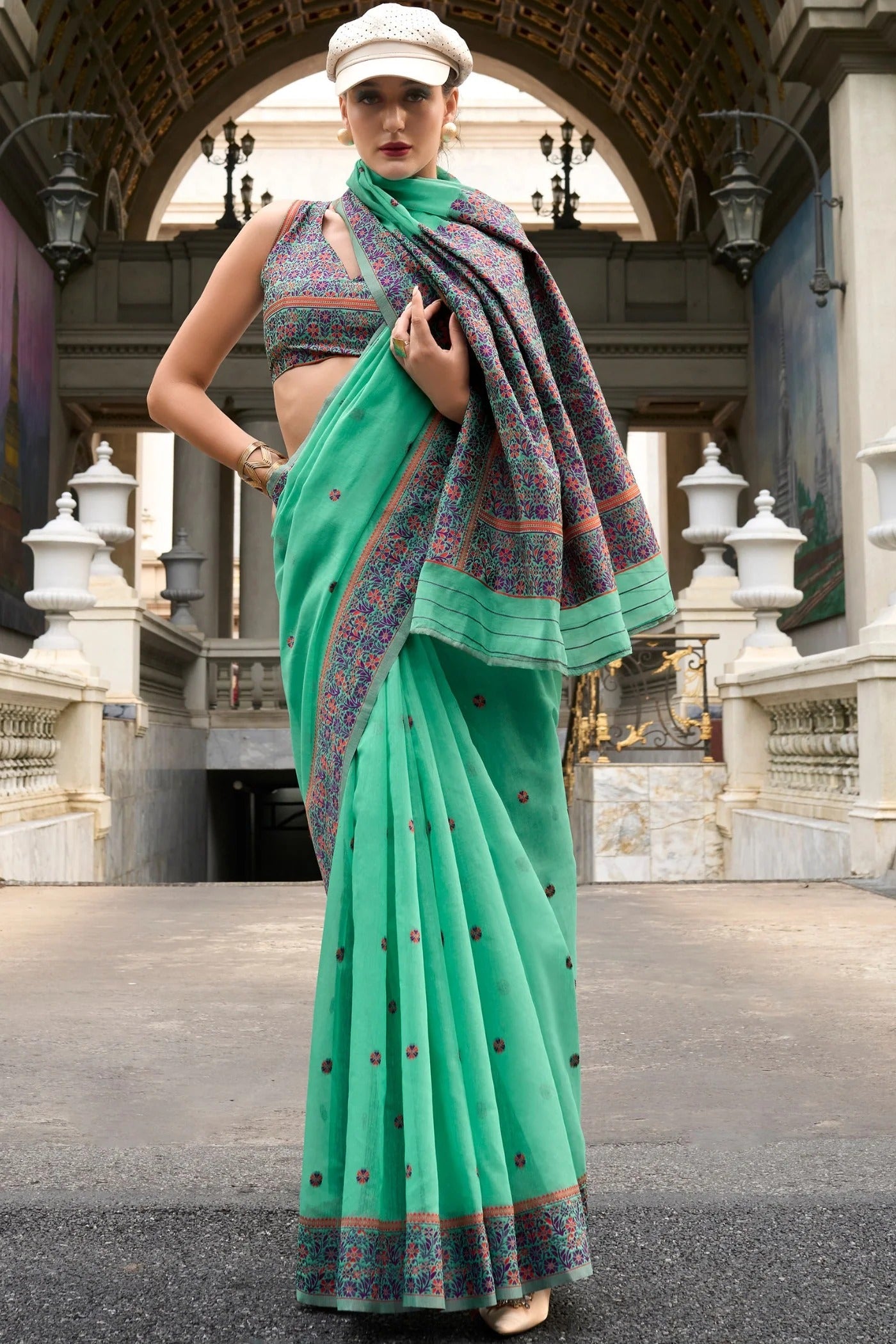 Warm Green Handloom Linen Cotton Saree Designer Blouse